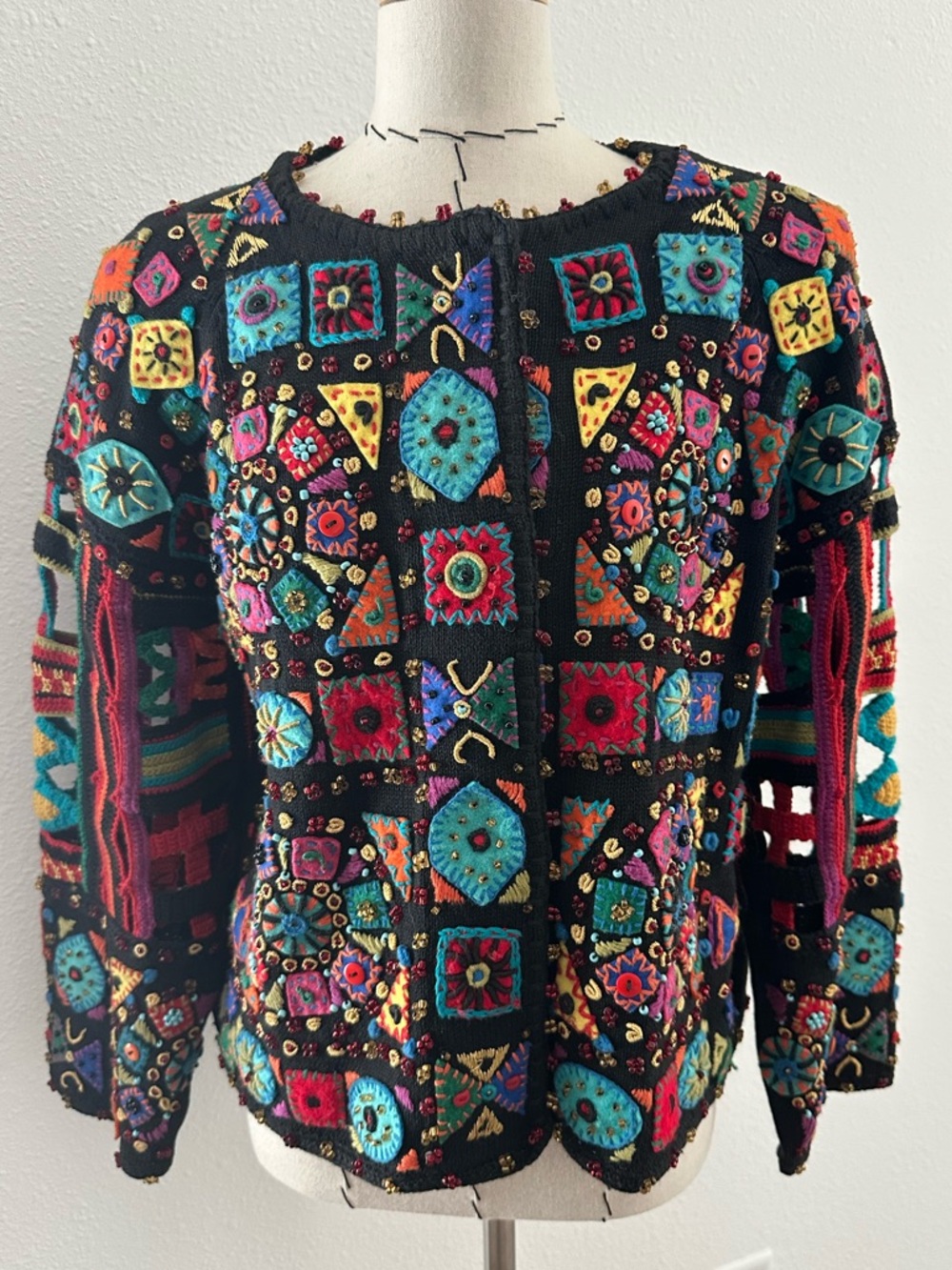 Michael Simon Cardigan Sweater Womenโs Size 1 Small Crochet Beaded Boho Vintage